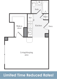 Floor plan for studio, 1 bath, 423 sqft